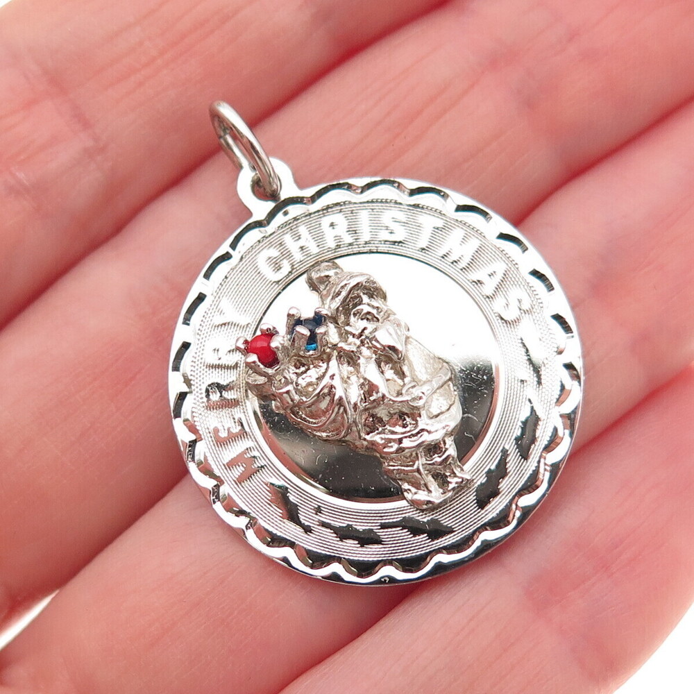 ELCO 925 Sterling Silver Vintage Rhinestone Santa Merry Christmas Charm Pendant